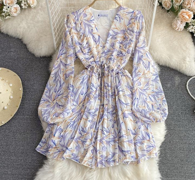 Autumn V-Neck Ruffled Long Sleeve Waisted A-Line Floral Pleated Casual Dresses