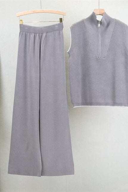 Zipper Sleeveless Knitted Vest Set for Women, Slimming and Wide Leg Pants Two-piece Set Trendy