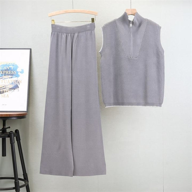 Zipper Sleeveless Knitted Vest Set for Women, Slimming and Wide Leg Pants Two-piece Set Trendy