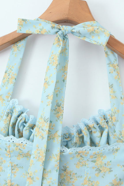Floral Print Blue Color Sleeveless Hot Sale Casual Fashion Ladies Cotton Long Halter Dress