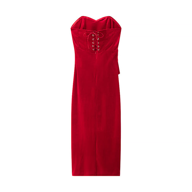 2 Colorway Front Slit Pleated Solid Color Strapless Casual Fashion Summer Long Dress for Women