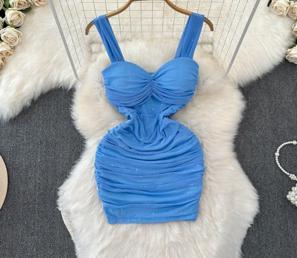 Summer V-neck Sleeveless Solid Mesh Casual Dress Women High Waist Mini Spaghetti Slip Dress Ladies Elegant Dresses Wholesale