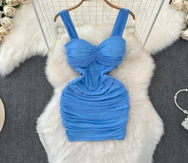 Summer V-neck Sleeveless Solid Mesh Casual Dress Women High Waist Mini Spaghetti Slip Dress Ladies Elegant Dresses Wholesale