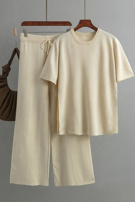 Fashion Knitwear Set in Long Solid Color Loose Split Knitwear + High Waist Lace-up Pants Two-piece Set