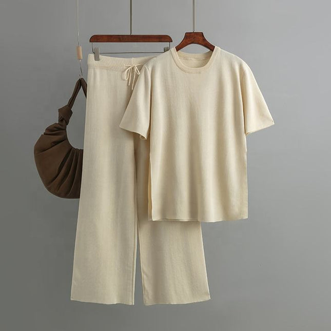 Fashion Knitwear Set in Long Solid Color Loose Split Knitwear + High Waist Lace-up Pants Two-piece Set