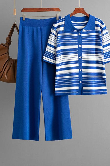 New European Design Striped Print Knit T Shirt Pants Set Women Knit 2 Pieces Sets Clothing