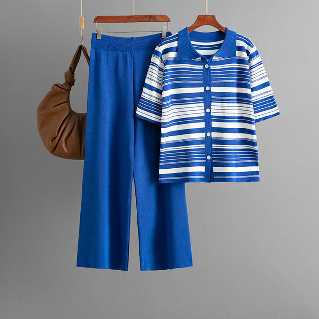 New European Design Striped Print Knit T Shirt Pants Set Women Knit 2 Pieces Sets Clothing