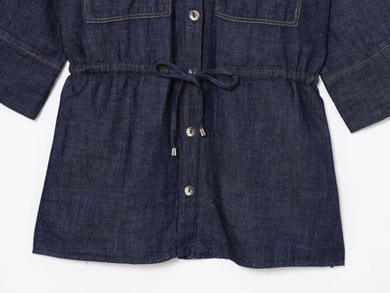 Turn Down Collar Denim Navy Color Long Sleeve Lace up Casual Fashion Jeans Tops for Women