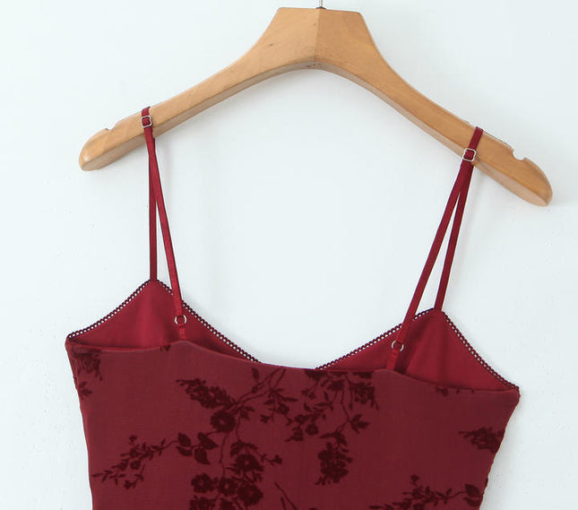Spaghetti Strap Burgundy Color Floral Pattern Casual Fashion Mini slip Dress for Women