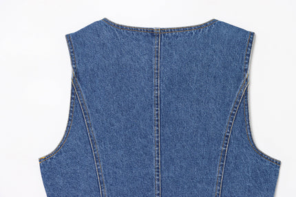 Crew Neck Buttons up Denim Blue Color Hot Sale Casual Fashion Jeans Vest Waistcoat for Women