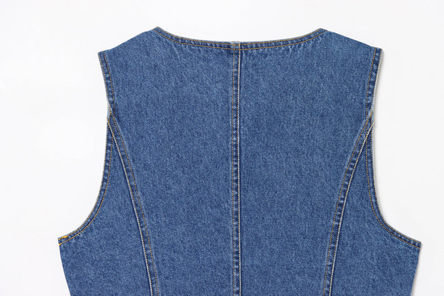 Crew Neck Buttons up Denim Blue Color Hot Sale Casual Fashion Jeans Vest Waistcoat for Women