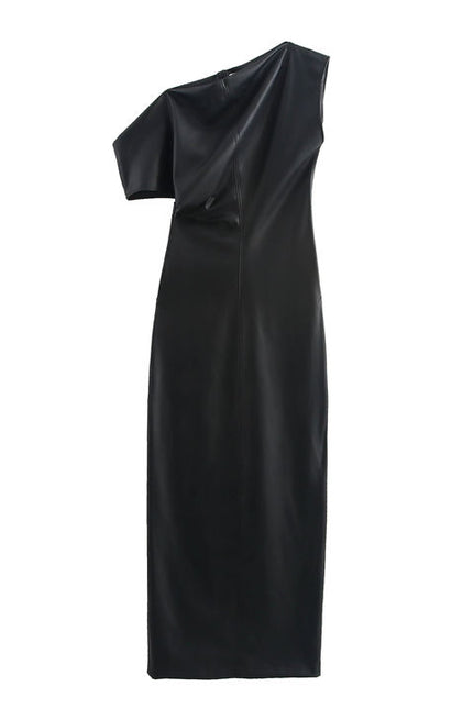 Asymmetrical Design Black Color Short Sleeve Casual Fashion Leather Long Dress for Women