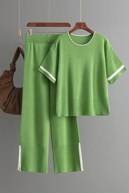 Women's New Fashion Casual Suit Color Contrast Short Sleeve Wide Leg Pants Long Pants Slit Two-piece Set