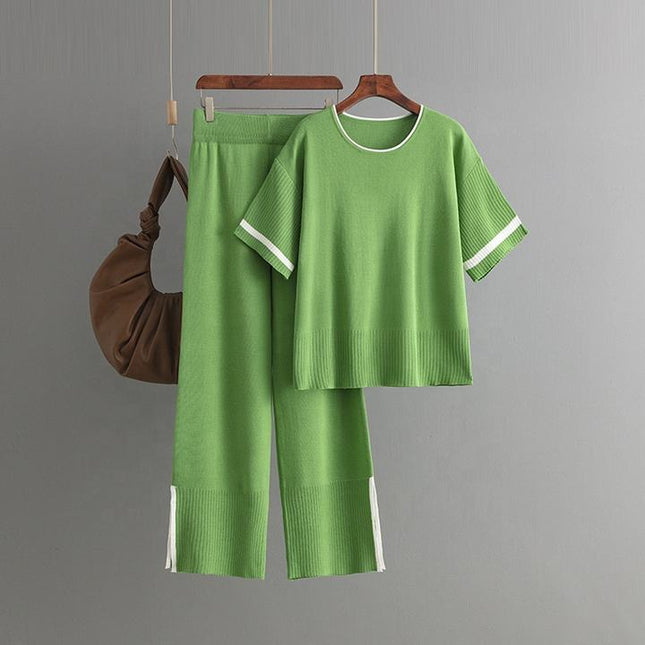 Women's New Fashion Casual Suit Color Contrast Short Sleeve Wide Leg Pants Long Pants Slit Two-piece Set
