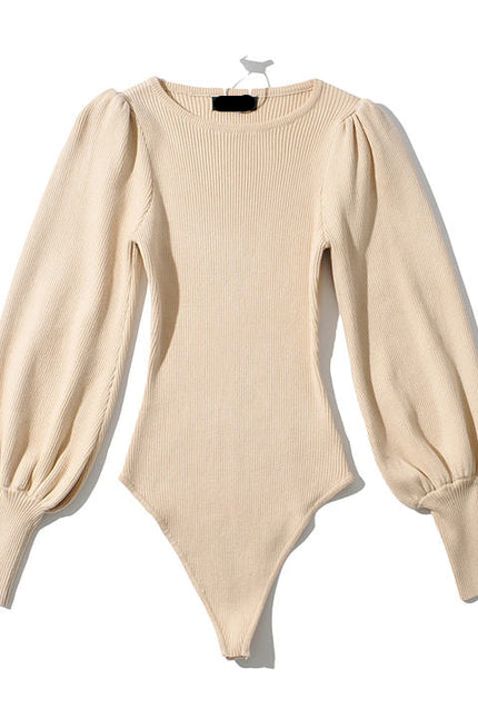 Four Colorway Puff Long Sleeve Knitted Fashion Stretchy Bodycon Casual Bodysuit for Women
