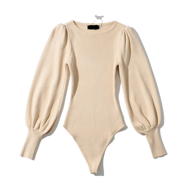 Four Colorway Puff Long Sleeve Knitted Fashion Stretchy Bodycon Casual Bodysuit for Women