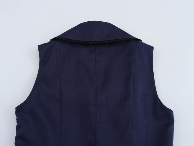 Turn Down Collar Navy Color Sleeveless Casual Fashion Summer Mini Dress for Women
