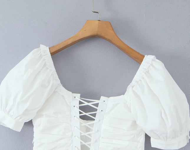 Square Collar Short Sleeve White Color Hot Sale Casual Fashion Summer Cotton Long Dress for Women