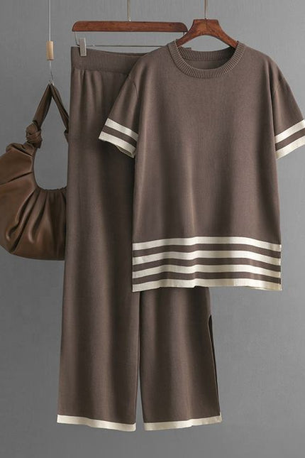 Summer Contrast Stripe Split Short Sleeve Knitwear High Waist Slim Pants Women's Set