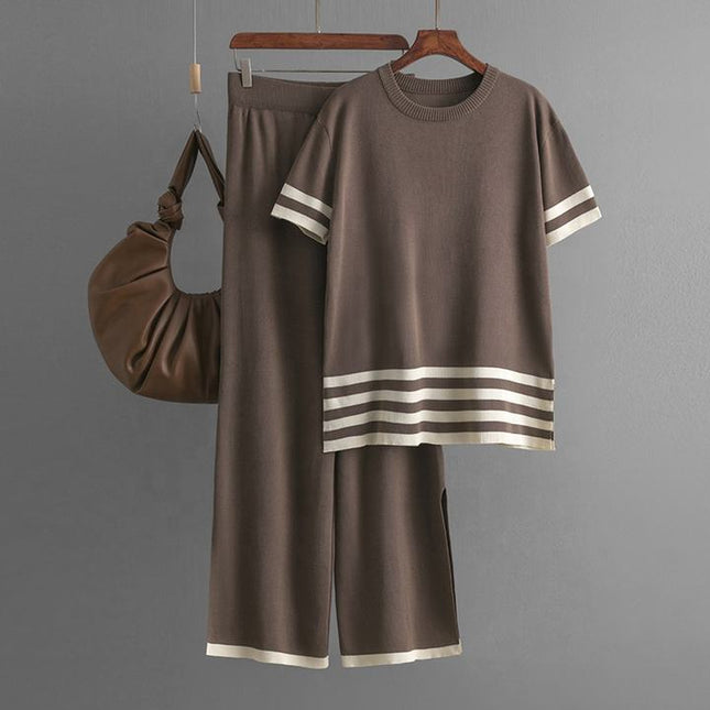 Summer Contrast Stripe Split Short Sleeve Knitwear High Waist Slim Pants Women's Set