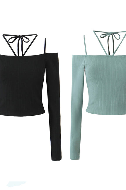 2 Colorway Solid Color Slash Neck Long Sleeve Solid Color Knitted Casual Fashion Women t Shirt