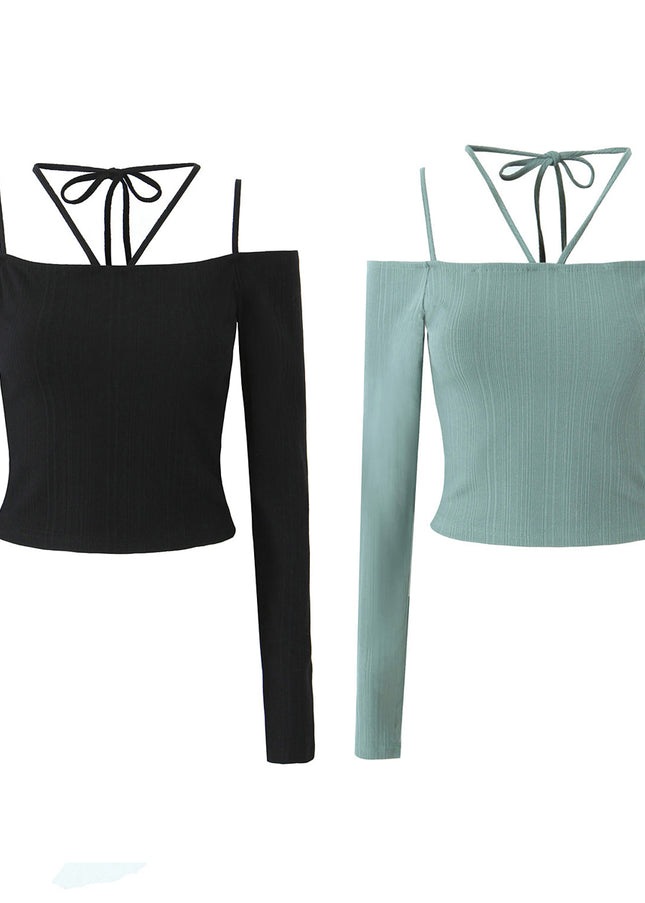 2 Colorway Solid Color Slash Neck Long Sleeve Solid Color Knitted Casual Fashion Women t Shirt