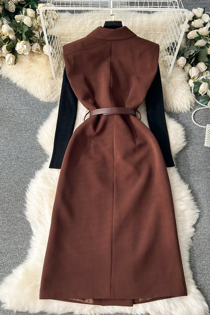 Set Women'S Knitted Bottom Shirt Vintage Double-Breasted Suit Dress Two Piece Set