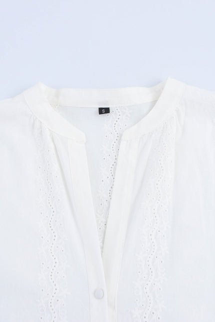 3 Colorway Embroidery Long Sleeve v Neck Buttons up Solid Color Casual Fashion Tops Blouse for Women