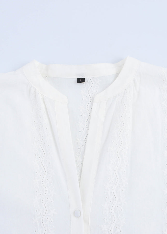 3 Colorway Embroidery Long Sleeve v Neck Buttons up Solid Color Casual Fashion Tops Blouse for Women