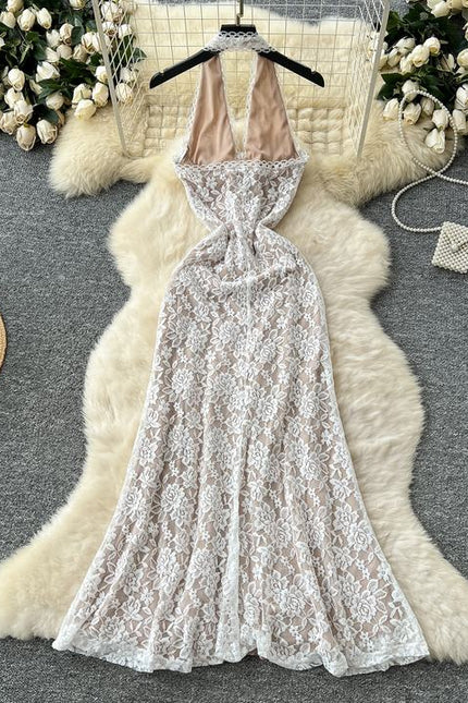 Halter Deep V High Slit Lace Women Lady Elegant Backless Sleeveless Flower Sexy Dress