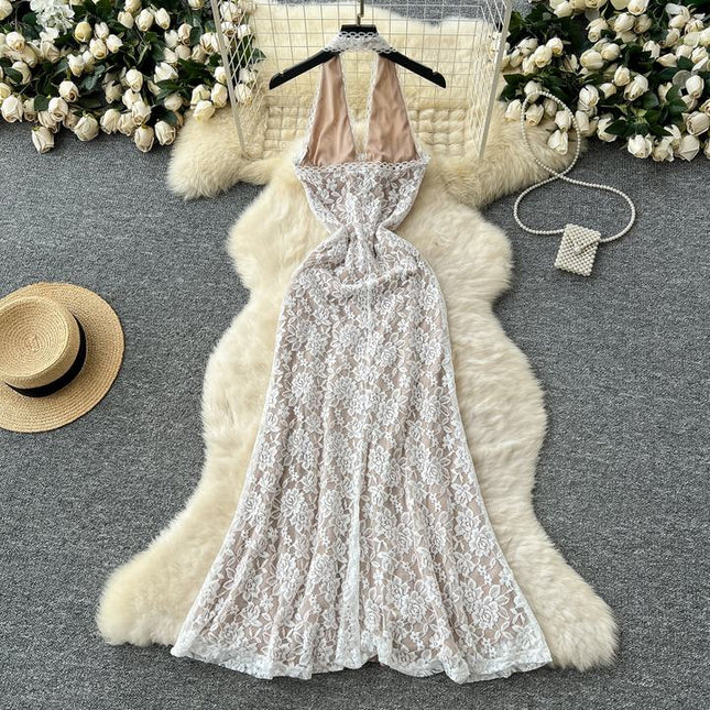 Halter Deep V High Slit Lace Women Lady Elegant Backless Sleeveless Flower Sexy Dress