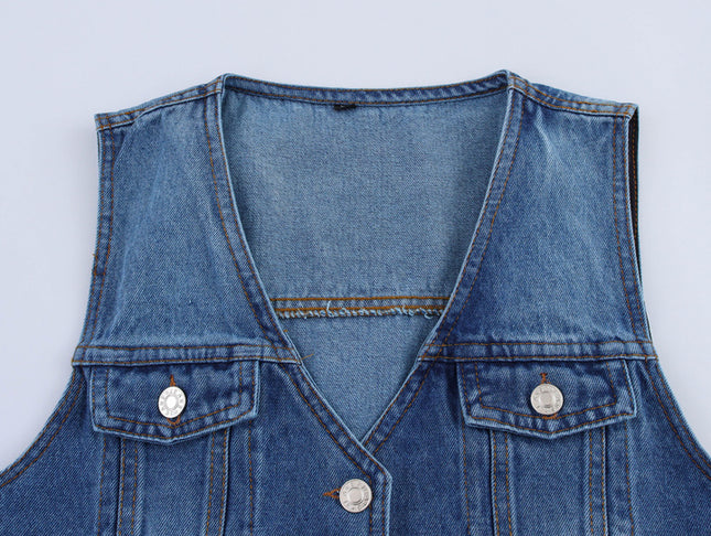V Neck Buttons up Denim Blue Color Casual Fashion Jeans Vest Waistcoat for Women