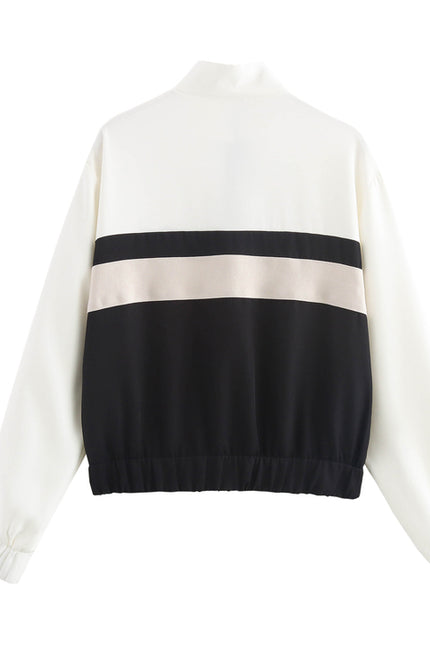 Stand Collar Long Sleeve Zipper Fly Patchwork Design Casual Fashion Sports Jacket for Women