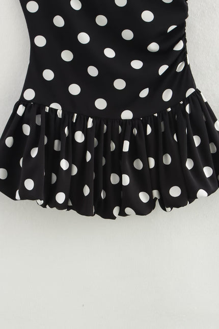 Asymmetrical Design Black White Color Polka Dot Print Casual Fashion Summer Mini Dress for Women