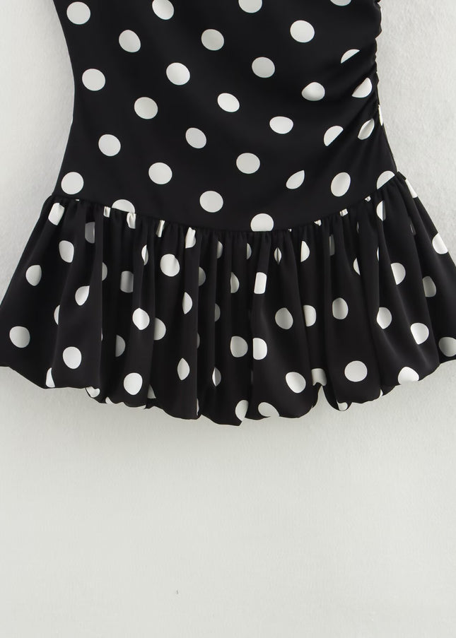Asymmetrical Design Black White Color Polka Dot Print Casual Fashion Summer Mini Dress for Women