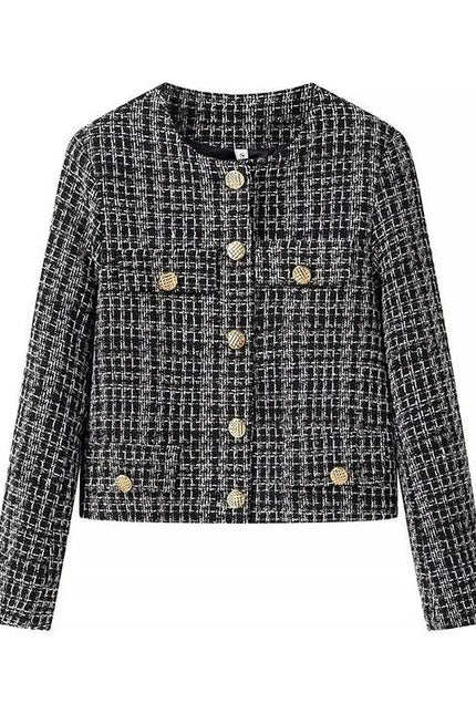Crew Neck Single Breasted Black Color Long Sleeve Casual Fashion Tweed Jacket for Women