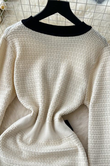 Autumn Winter Knitted Dress Waist Temperament Contrast Color Patchwork Sweater Dress