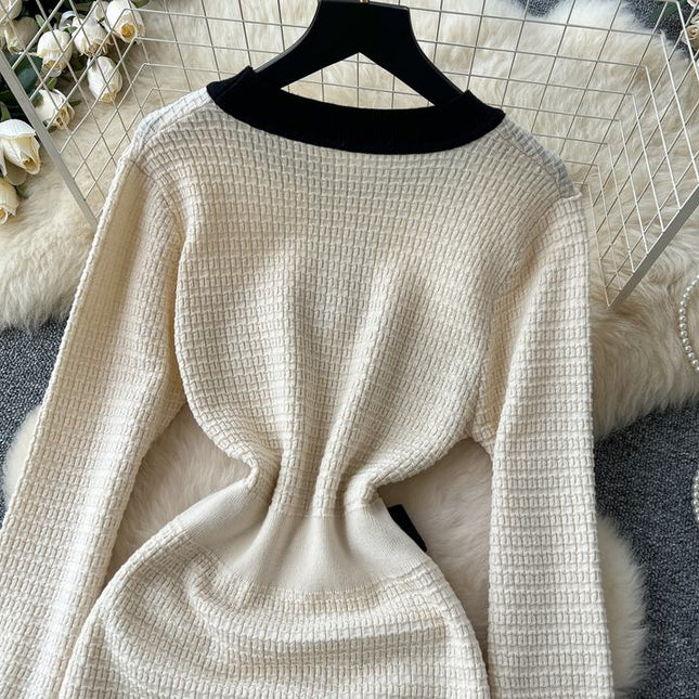 Autumn Winter Knitted Dress Waist Temperament Contrast Color Patchwork Sweater Dress