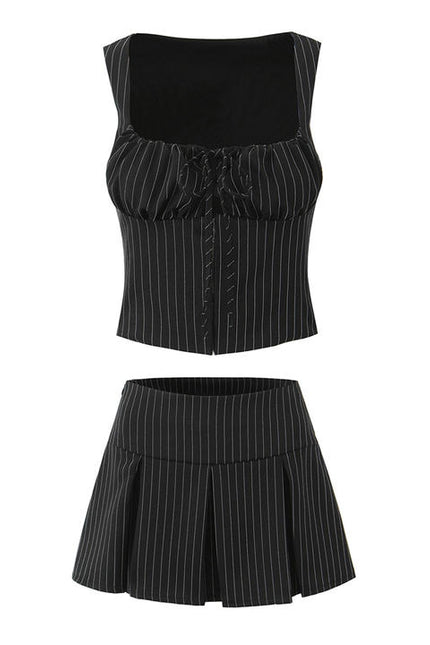 Striped Print Black Color Zipper Fly Casual Fashion Mini Pleated Skirt for Women