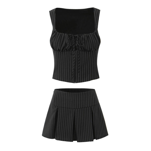 Striped Print Black Color Zipper Fly Casual Fashion Mini Pleated Skirt for Women