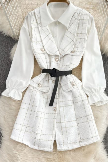 Women'S Long Single-Breasted Tweed Vest Jacket Loose White Shirt Two Piece Set