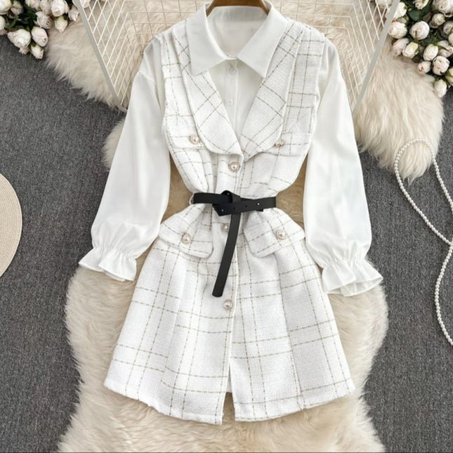 Women'S Long Single-Breasted Tweed Vest Jacket Loose White Shirt Two Piece Set