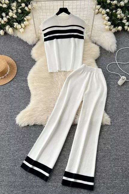 Fashion Suit Women's Summer Fashion Color Contrast Striped Knitted Top High-waisted Casual Wide-leg Pants Two-piece Set