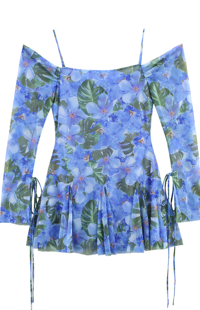 Slash Neck Floral Print Spaghetti Strap Side Lace up Casual Fashion Mini Dress for Women