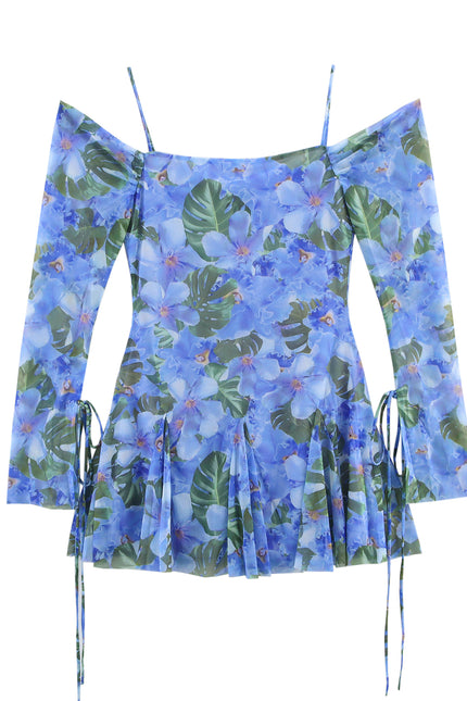 Slash Neck Floral Print Spaghetti Strap Side Lace up Casual Fashion Mini Dress for Women