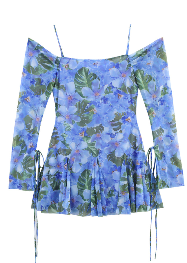 Slash Neck Floral Print Spaghetti Strap Side Lace up Casual Fashion Mini Dress for Women