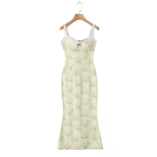 Shoulder Strap Beige Color Floral Print Hot Sale Casual Fashion Summer Long slip Dress for Women