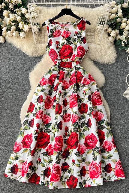 Estilo retro vestido estampado para mulheres no verão com uma cintura plissada a linha em torno do pescoço saia sem mangas