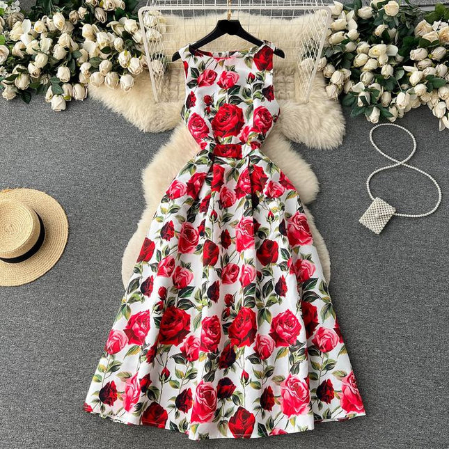 Estilo retro vestido estampado para mulheres no verão com uma cintura plissada a linha em torno do pescoço saia sem mangas