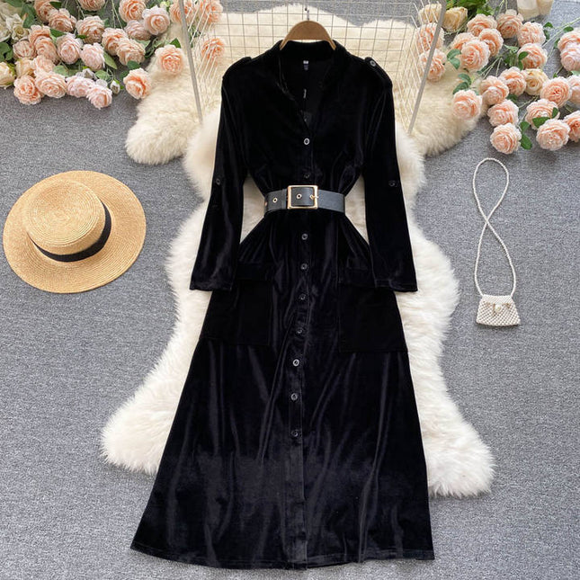 Autumn and Winter New Thickened Velvet Professional Dress A-line Slim Knee Length French Dress